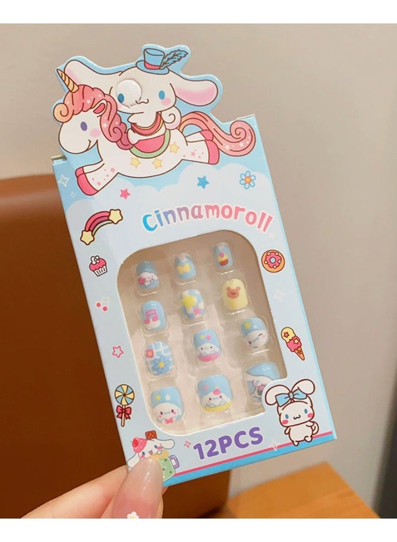 12pcs Cinnamoroll الصحافة على الأظافر للأطفال ، نصائح الأظافر الكاذبة الكرتون لطيف مع أداة مانيكير ، مجموعة تصحيح الأظافر DIY القابلة للإزالة للبنات - Image 2